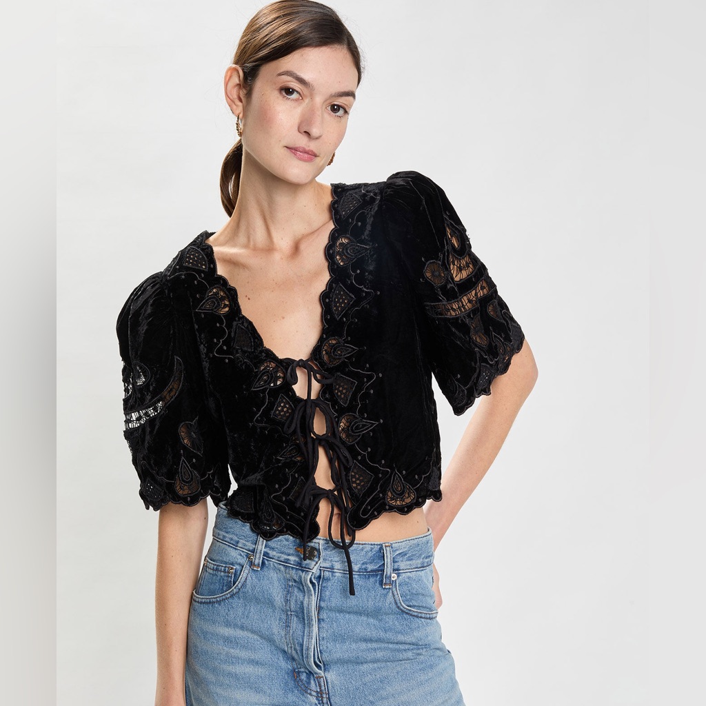 Sea Eliana Embroidered Tie-Front Velvet Crop Top In Black